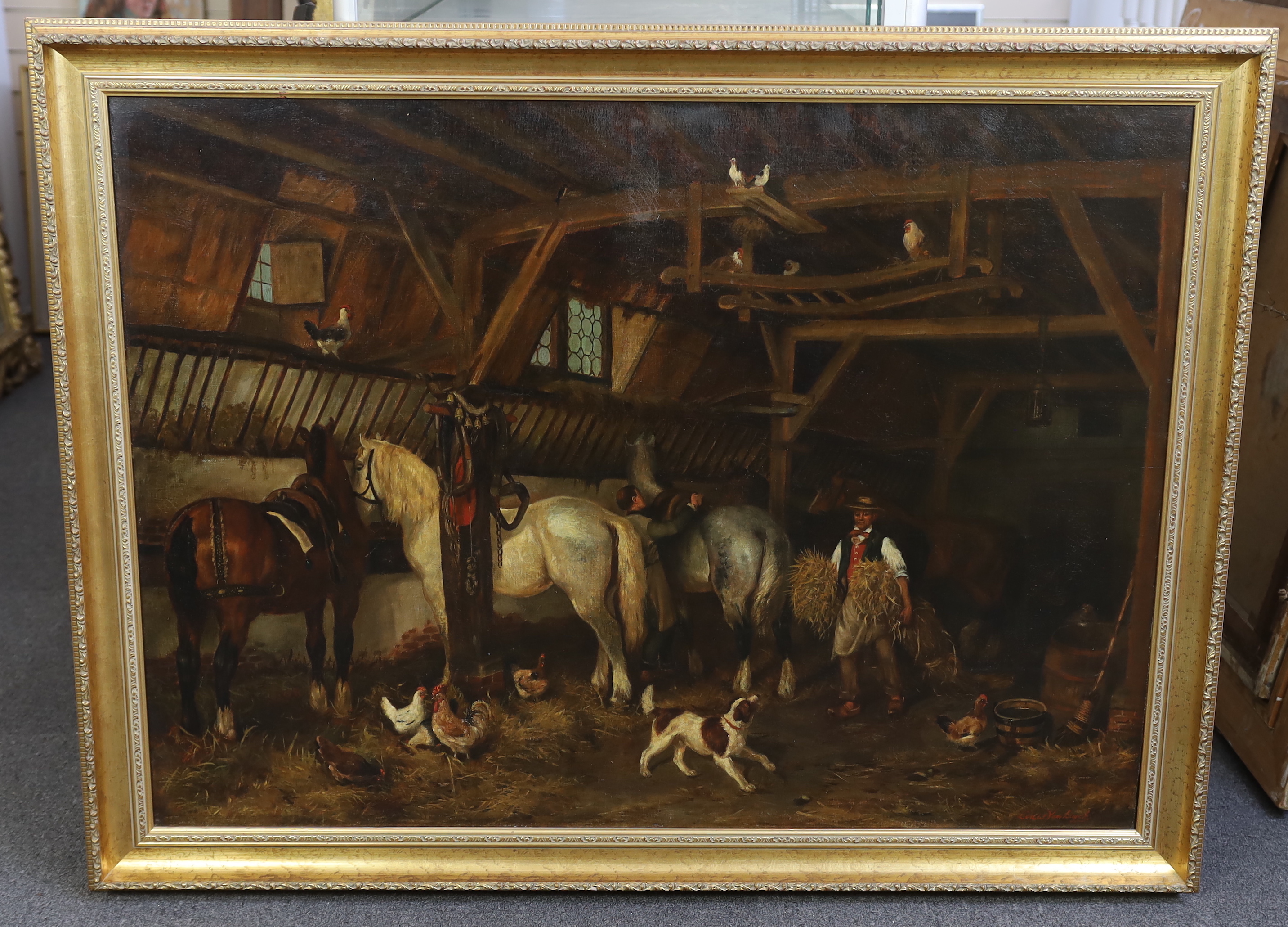 Jean-Louis van Kuyck , (Belgian, 1821-1871), Stable interior, with grooms horses, a dog and chickens, oil on canvas, 79 x 109cm